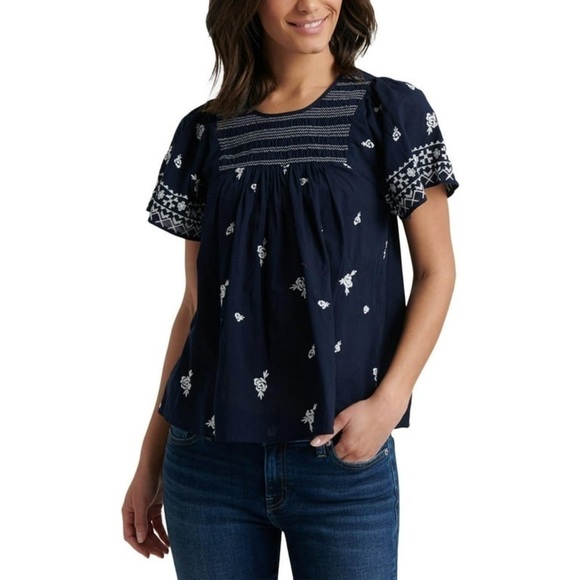 Lucky Brand Smocked Embroidery Blouse Top Sz XL - Picture 1 of 8